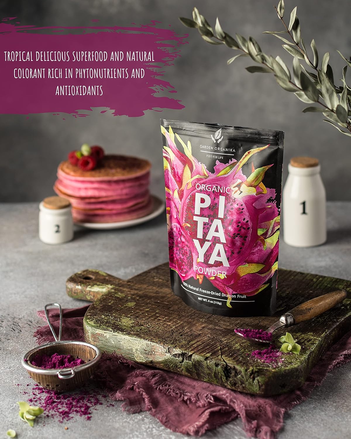 Polvo de frutas secas de dragón orgánico, Pitaya rosa, Pitahaya, 3.99oz