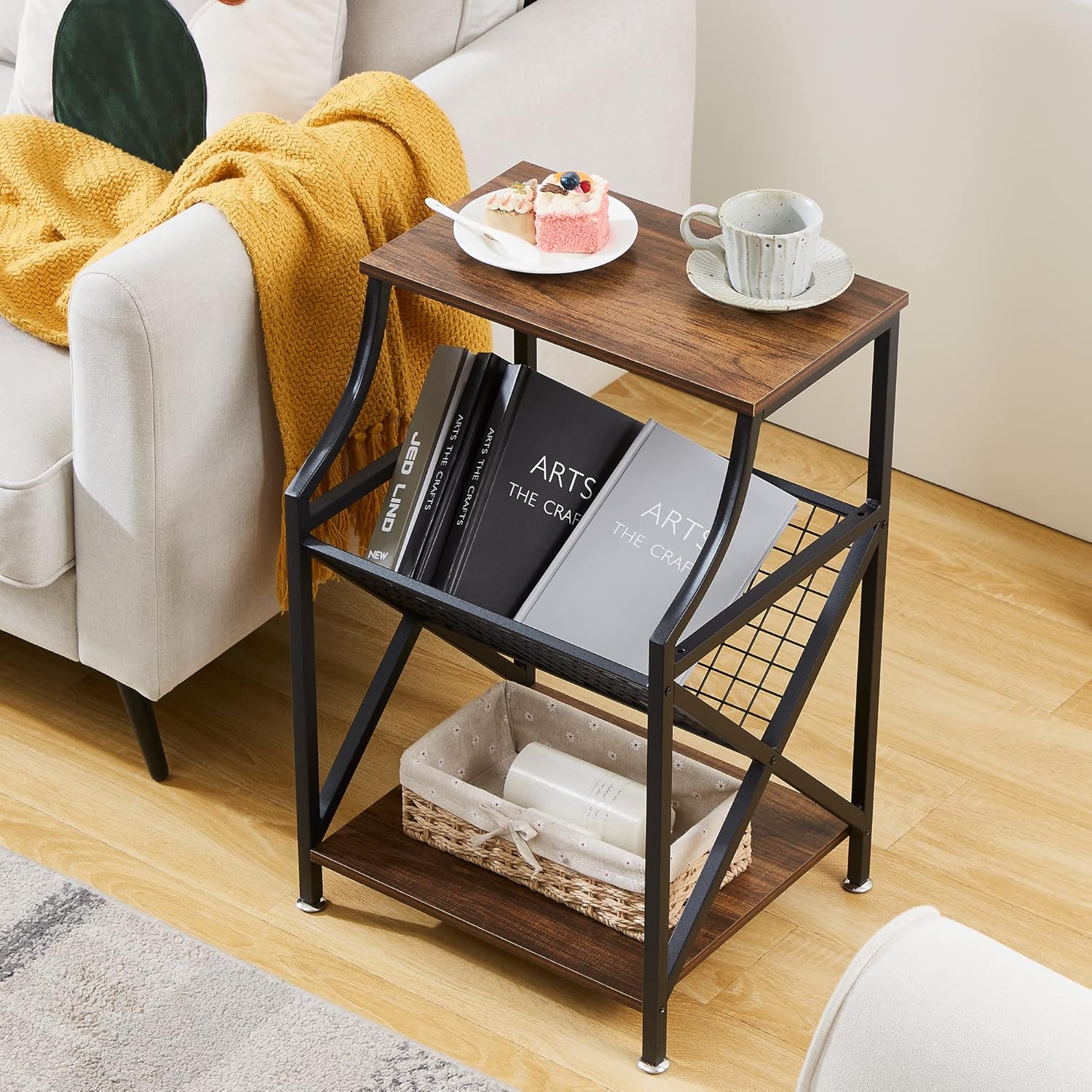 VECELO Mesita de noche pequeña de 3 niveles con estante de almacenamiento abierto para sala de estar, dormitorio, cocina, estudio, baño, moderno,
