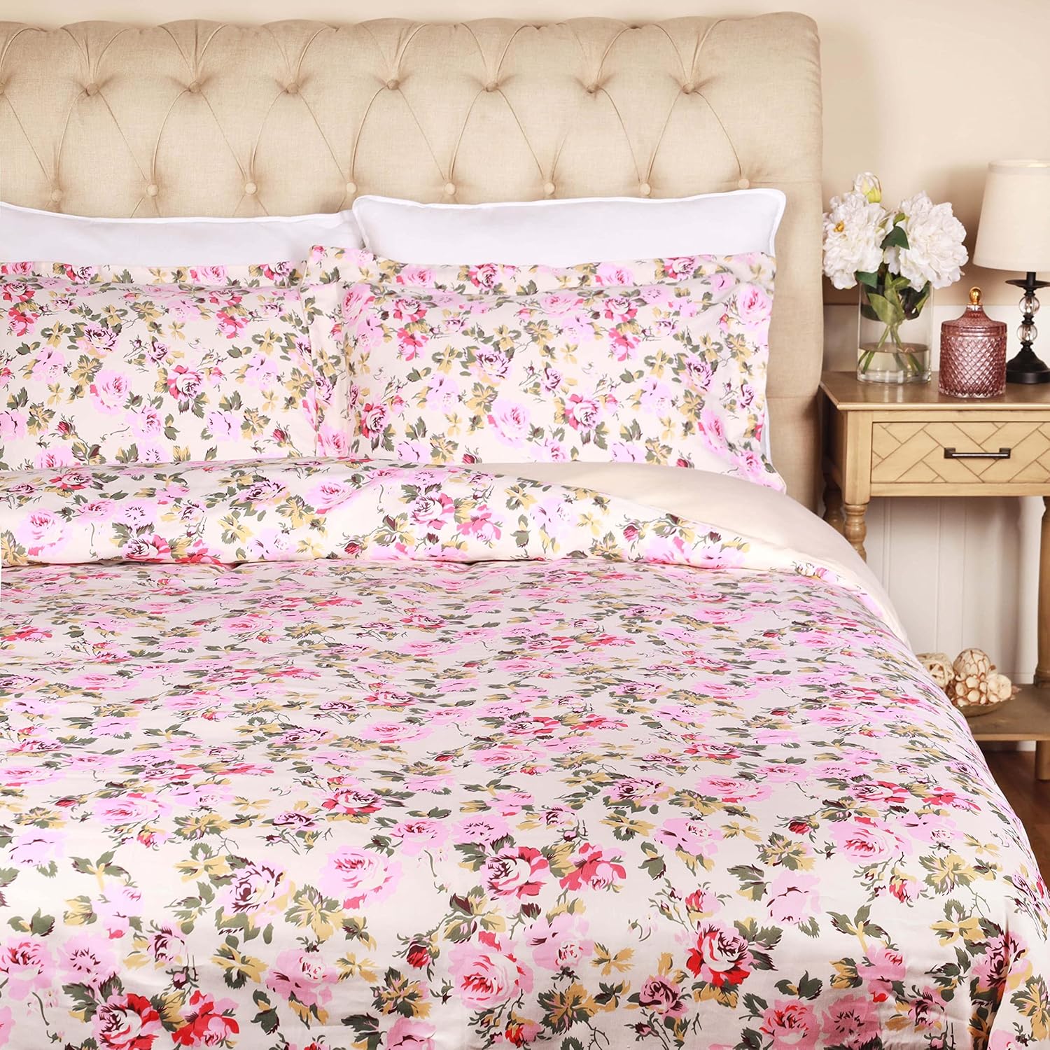 SUPERIOR Juego de funda de edredón de algodón de 300 hilos con fundas de almohada, duradero y transpirable, lavable a máquina, ropa de cama floral