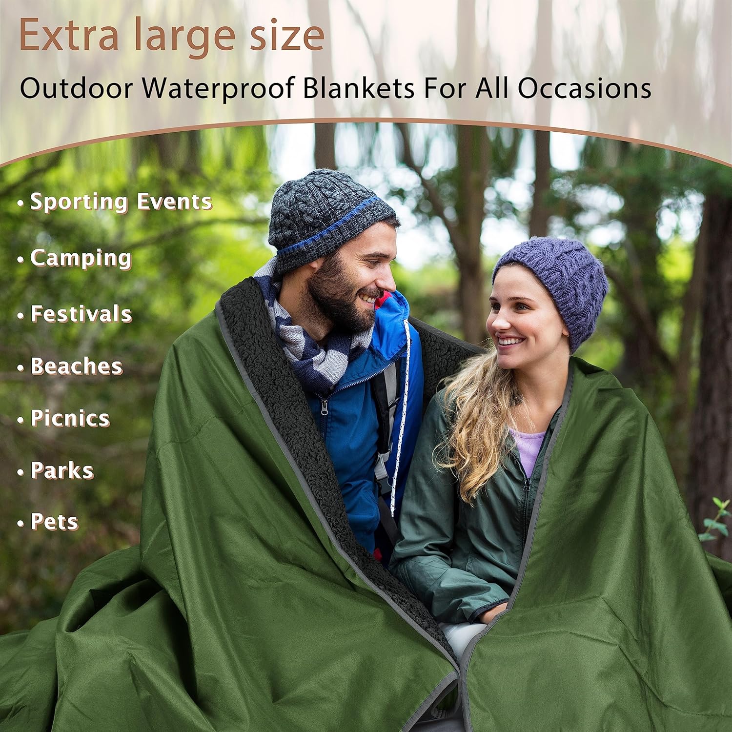 Tirrinia – Manta impermeable para exteriores con forro de lana Sherpa, resistente al viento, triple capa, abrigada, cómoda, plegable para acampar,