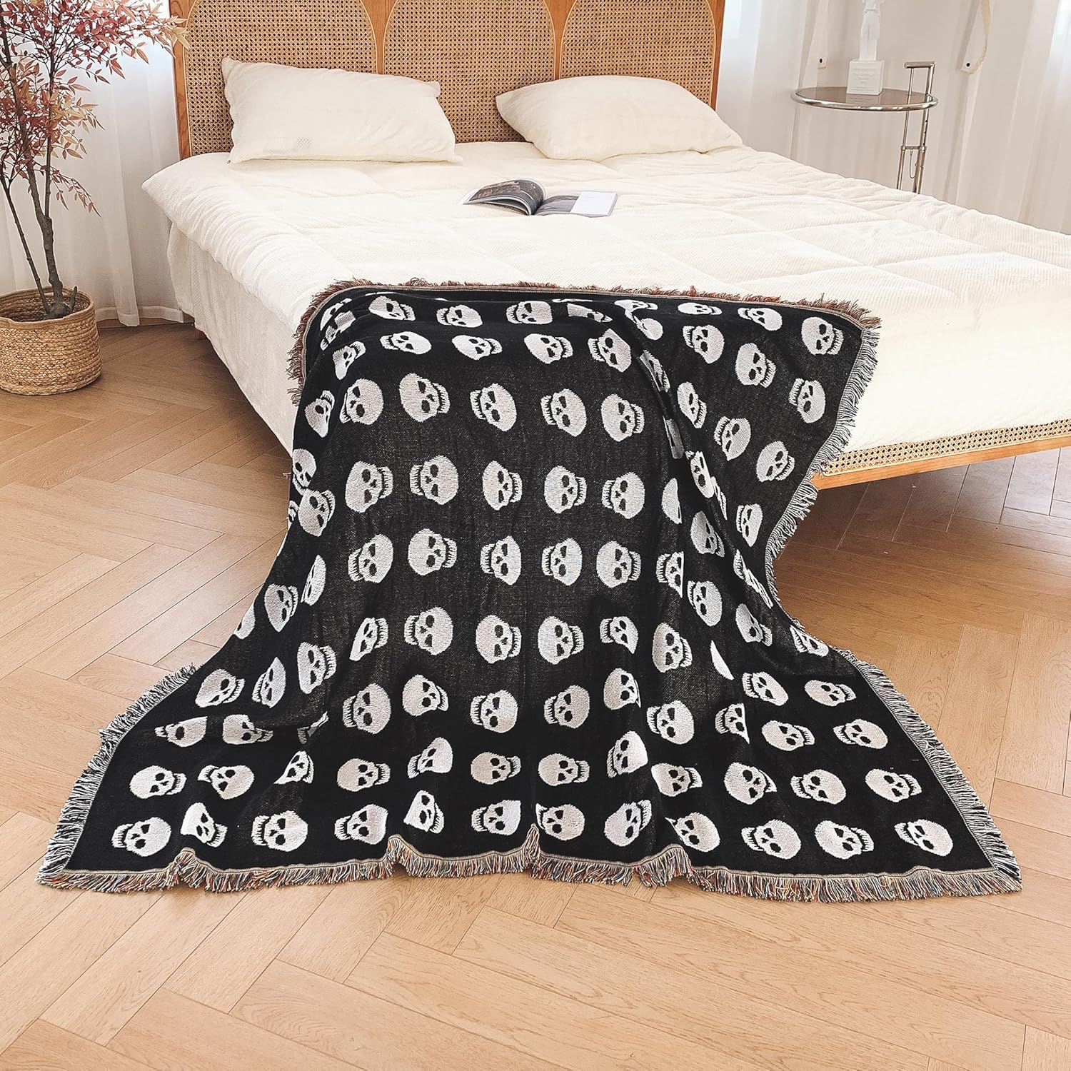 Manta bohemia reversible de algodón, tapiz bohemio hippie para decoración de habitación de doble cara (estampado de calavera bohemio, negro, 50 x 60