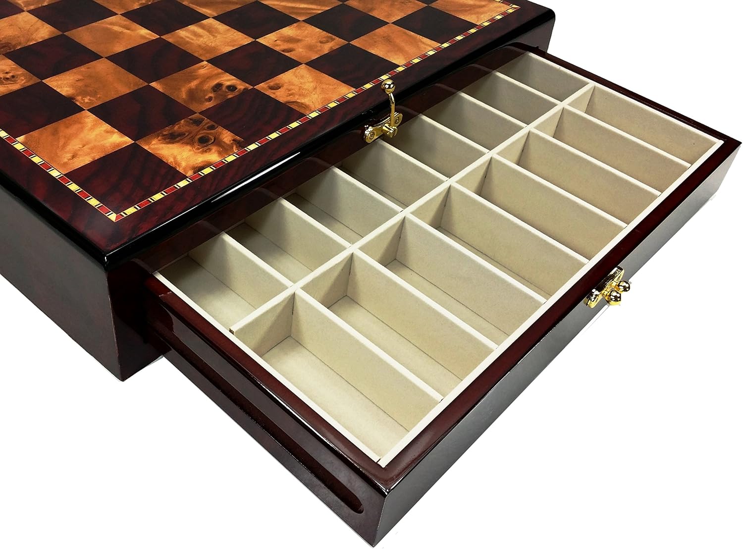 Juego de ajedrez de reinas de la guerra civil estadounidense con tablero de almacenamiento de color cereza y Burlwood de 17 pulgadas de alto brillo