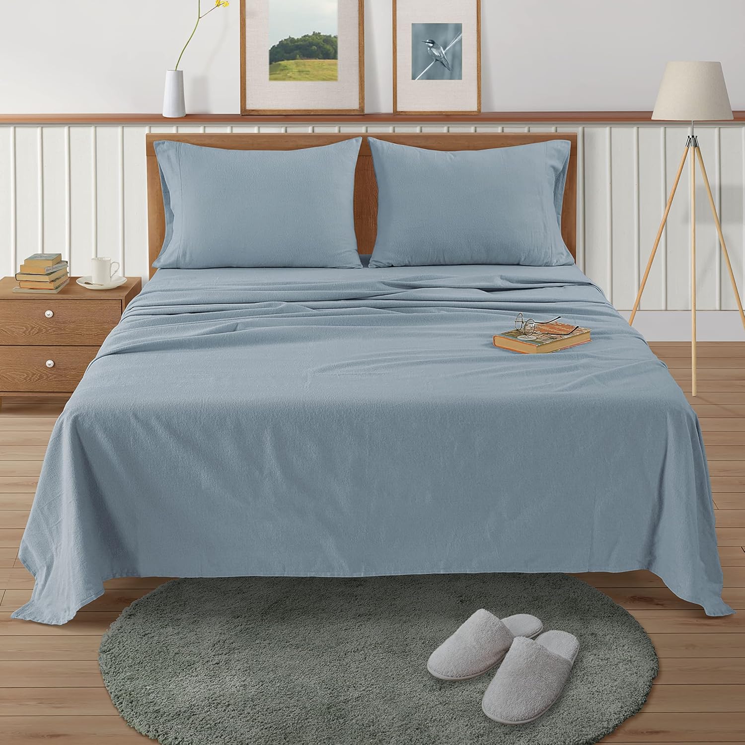 Juego de sábanas de franela de 100 % algodón de 4 piezas, tamaño California King, ropa de cama ligera, cepillada para mayor suavidad, transpirable,