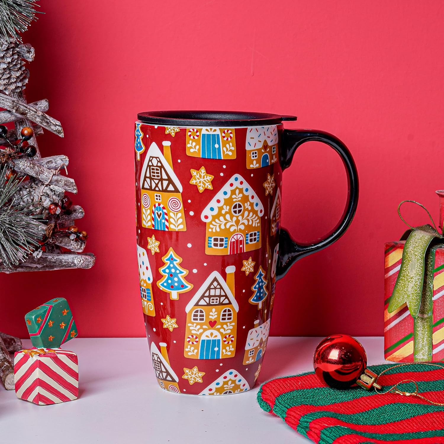 Topadorn Taza de café de cerámica para regalo con tapa de 17 onzas, taza de té alta de porcelana con asa para el hogar y la oficina, taza con diseño