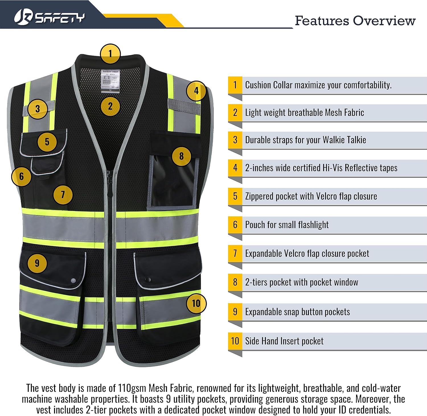 JKSafety Chaleco de seguridad negro de alta visibilidad con 9 bolsillos para hombres y mujeres, construcción reflectante, tela de malla de alta
