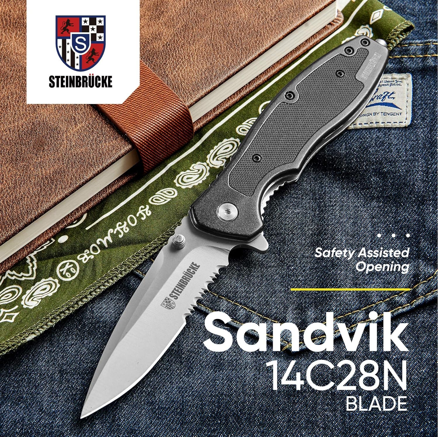 Steinbrucke EDC Cuchillo de bolsillo para hombre, cuchillo Sandvik 14C28N de 3.4 pulgadas, hoja dentada de acero inoxidable mango de aluminio G10