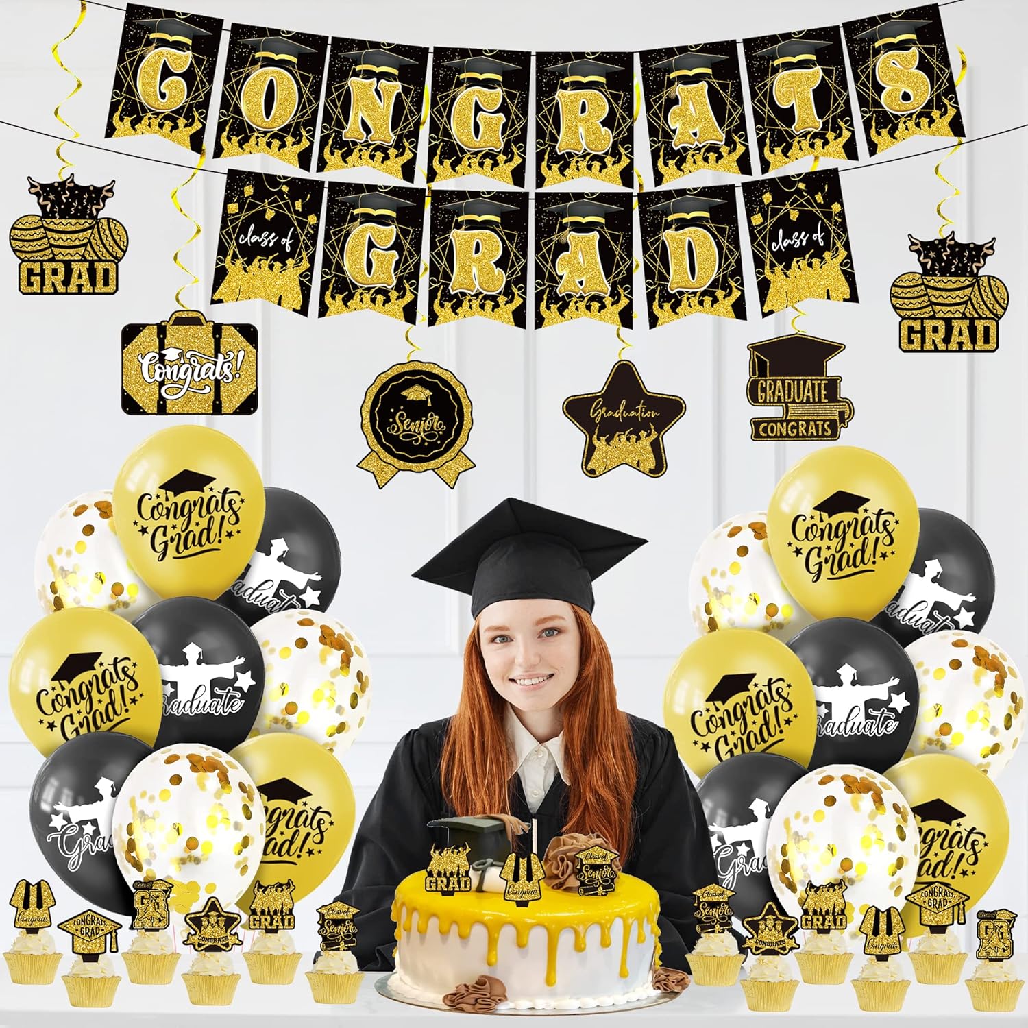 KatchOn, Suministros para fiesta de graduación en negro y dorado, paquete de 37, juego de felicitaciones para decoraciones de graduación negras y