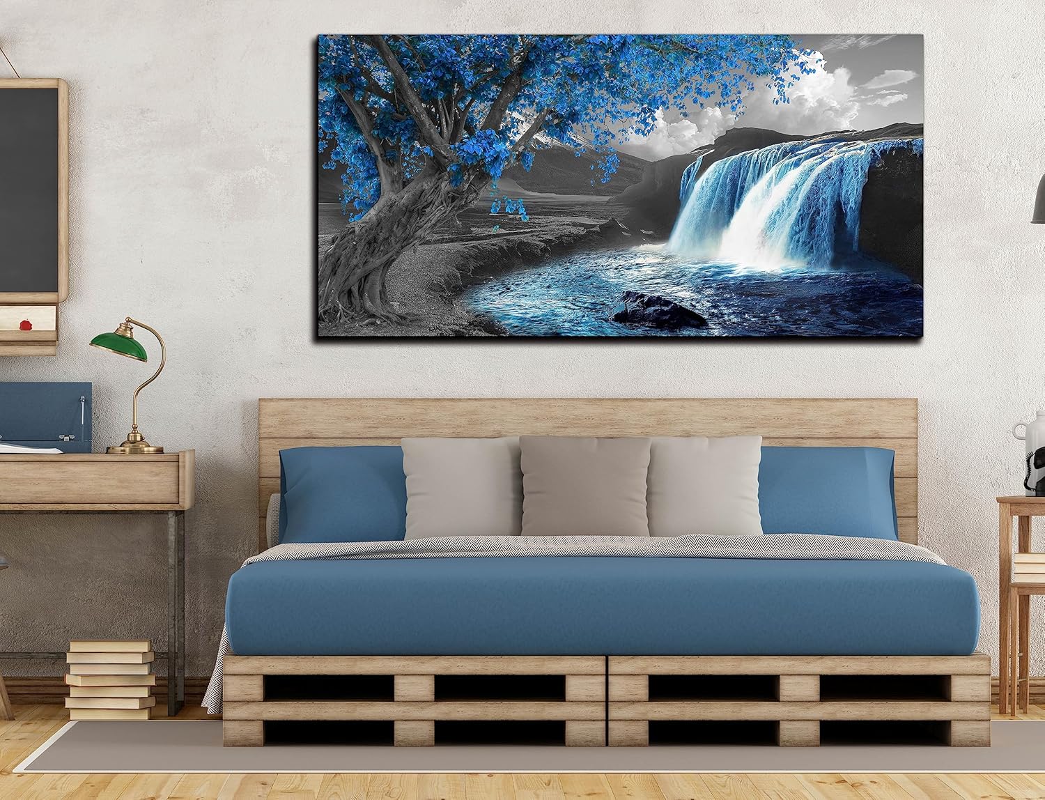 Lienzo de paisaje natural para sala de estar, cuadros de cascada para pared, decoración de pared de árbol azul, listo para colgar, tamaño 60 x 30