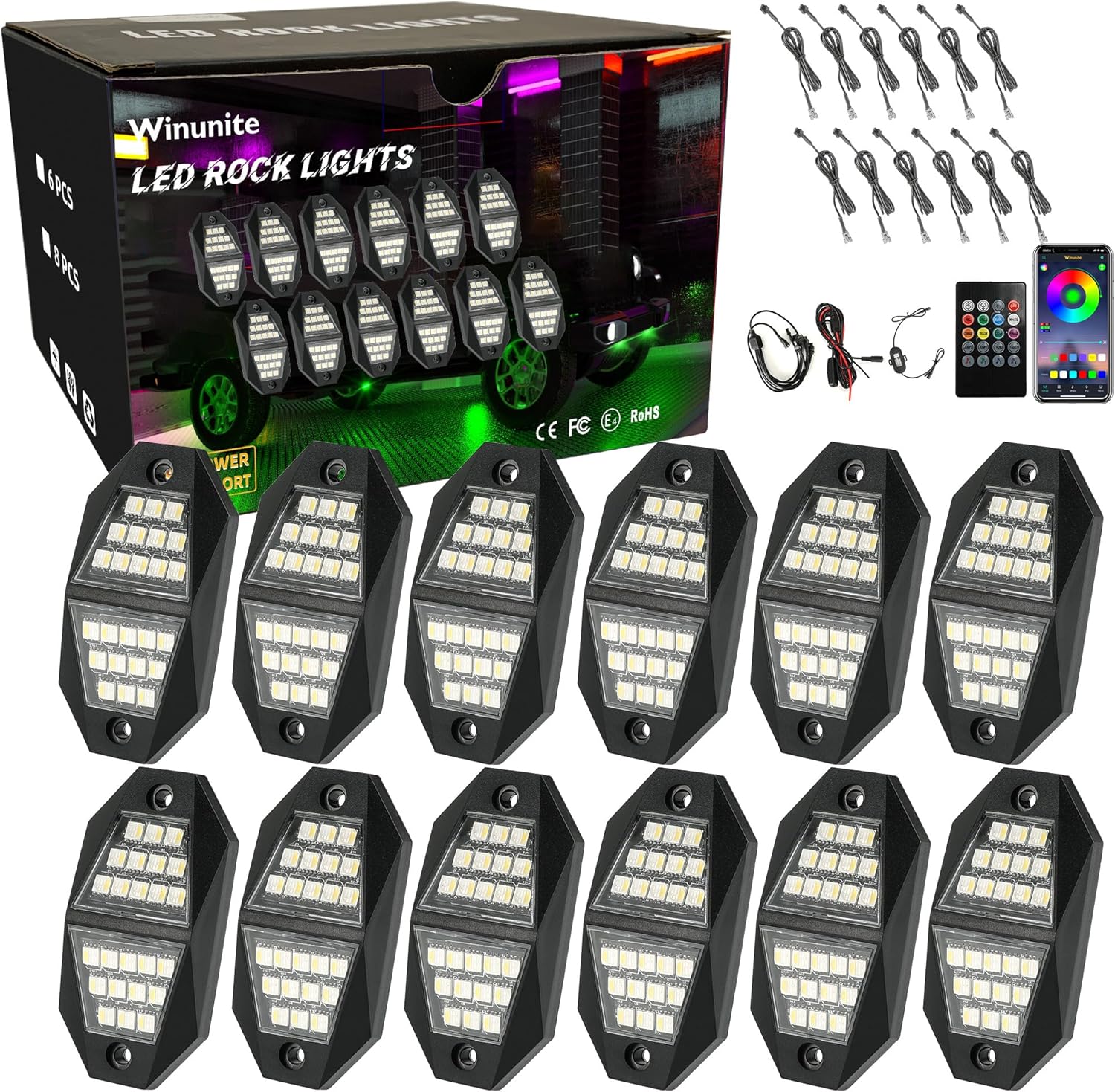 Winunite 12 módulos de luces LED RGB de roca 24 LED de 210 grados de gran angular, modo de música impermeable, 29 colores cambiantes, modo de voz,