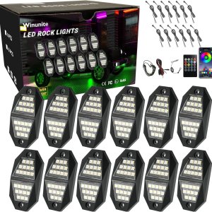 Winunite 12 módulos de luces LED RGB de roca 24 LED de 210 grados de gran angular, modo de música impermeable, 29 colores cambiantes, modo de voz, Winunite 12 módulos de luces LED RGB de roca 24 LED de 210 grados de gran angular, modo de música impermeable, 29 colores cambiantes, modo de voz,