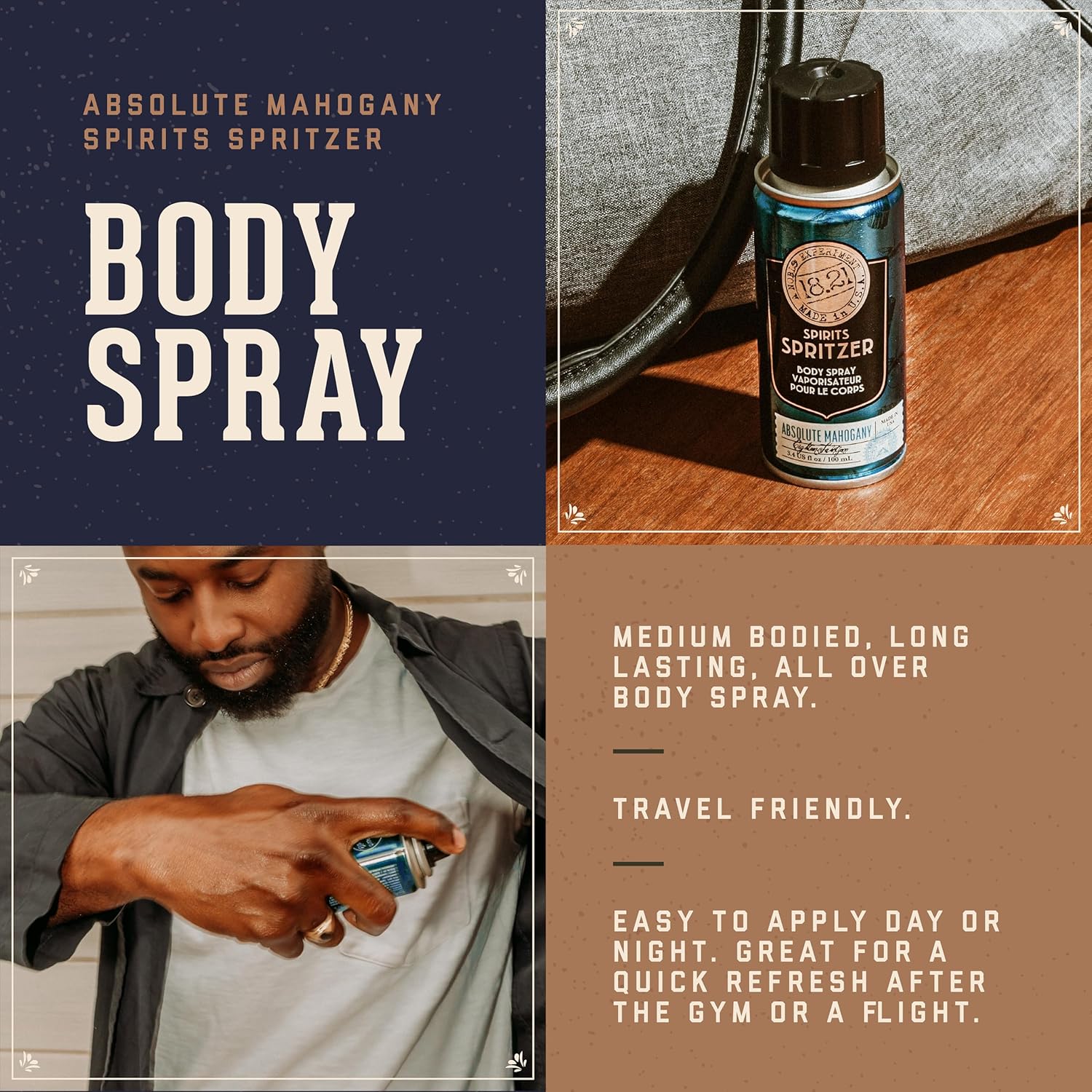 18.21 Man Made Men’s Spirits Spritzer, 3.4 oz. – Spray corporal de larga duración con aromas masculinos – Regalos para él