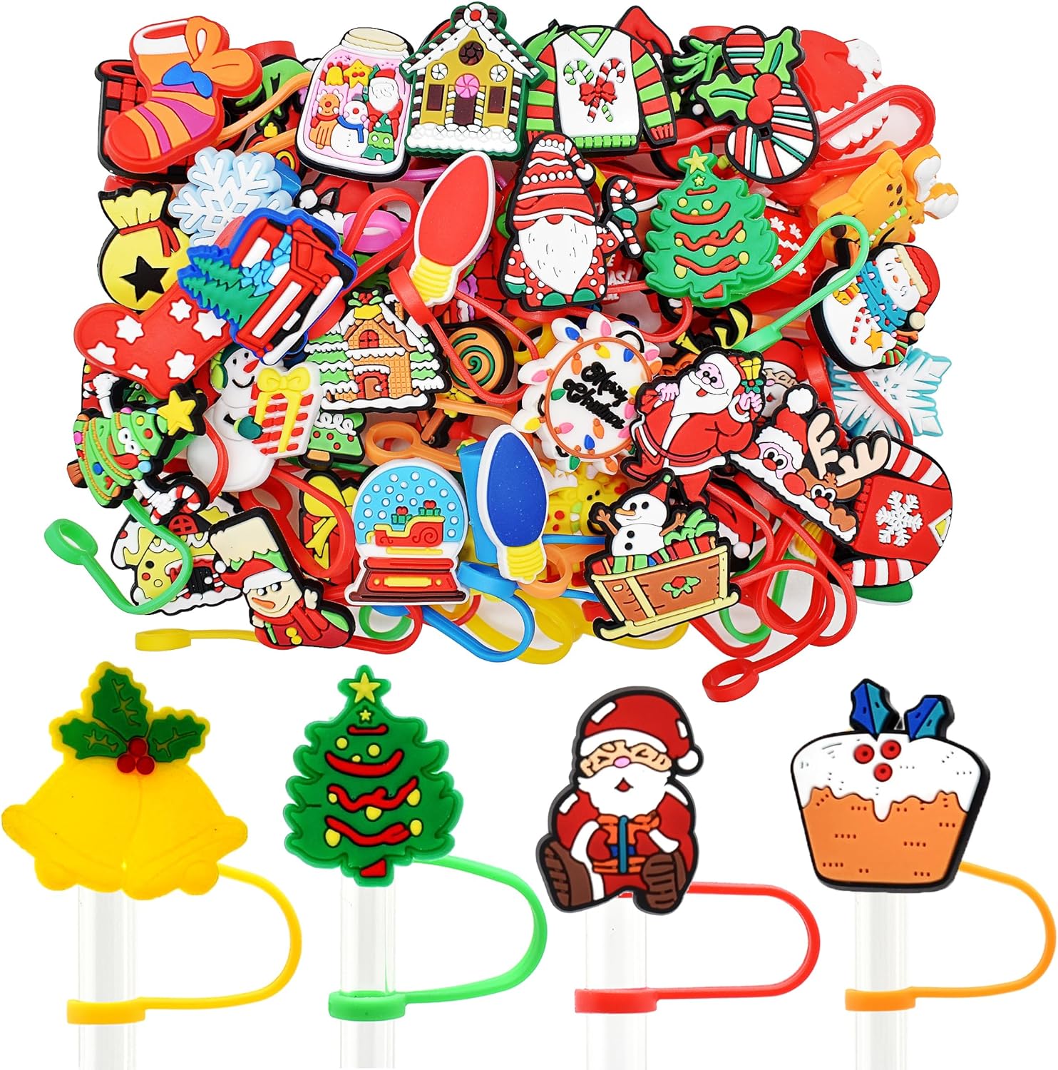 50 tapas de paja de Navidad al azar diferentes tapas de paja a prueba de polvo, protectores de paja de PVC, para vasos de 0.276-0.315 in, regalos de