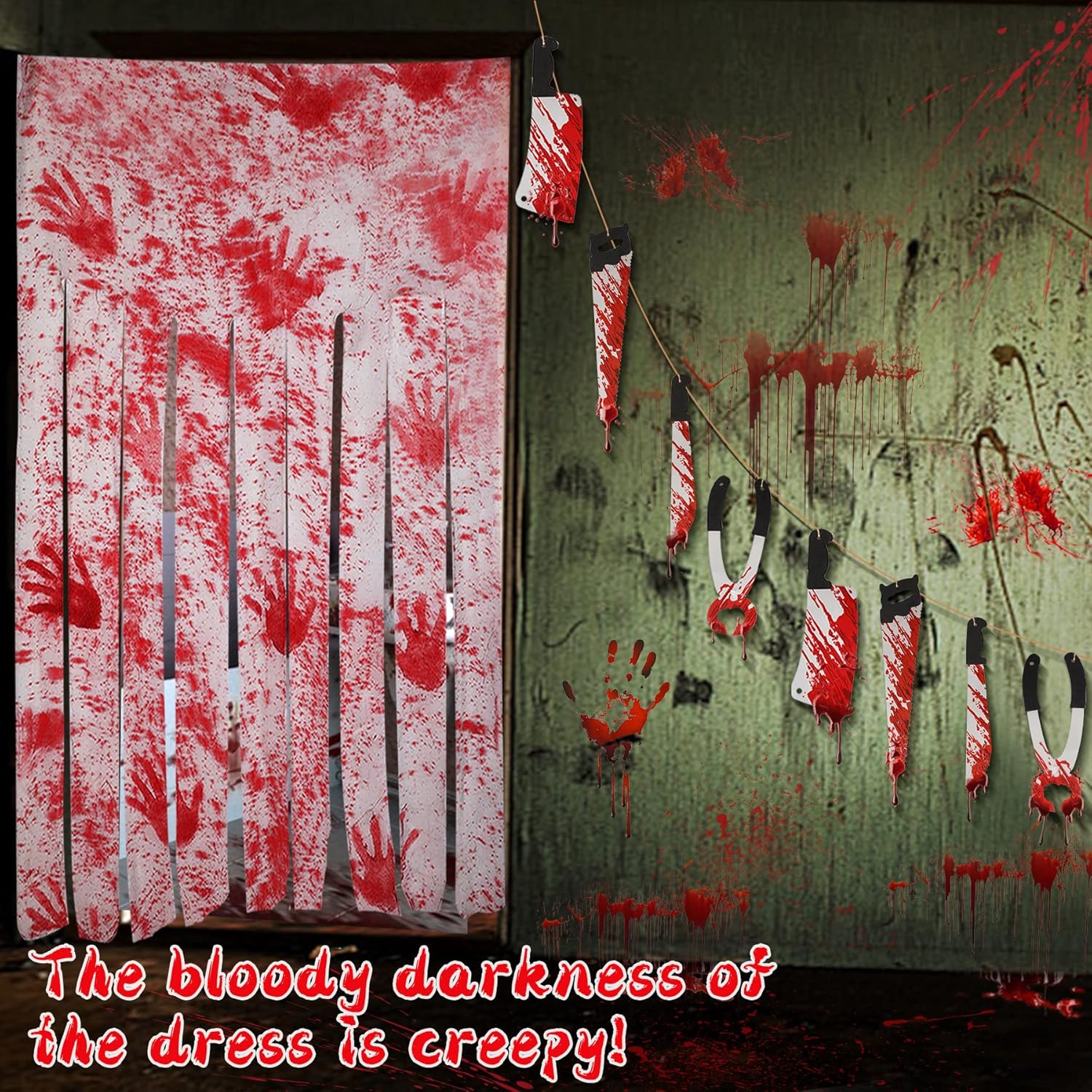 2 decoraciones de puerta de Halloween con impresiones a mano, 1 pancarta de guirnalda de armas de sangre de Halloween, decoración de Halloween,