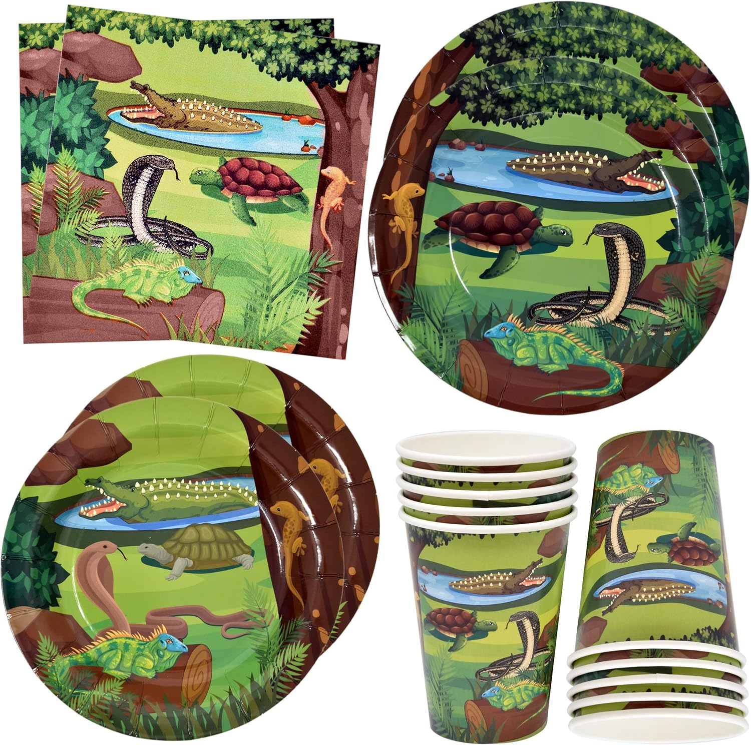 Set de suministros para fiestas de serpiente de lagarto de reptil, 24 platos de papel de 24 platos de 24 7 pulgadas, 24 tazas de 9 onzas y 50