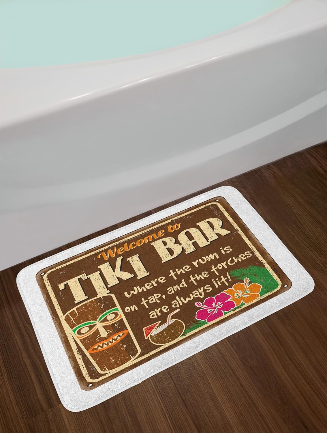Ambesonne Tiki Bar – Tapete de baño con marco antiguo, signo de palabras inspiradoras y viajes, tapete de felpa para decoración de baño con parte