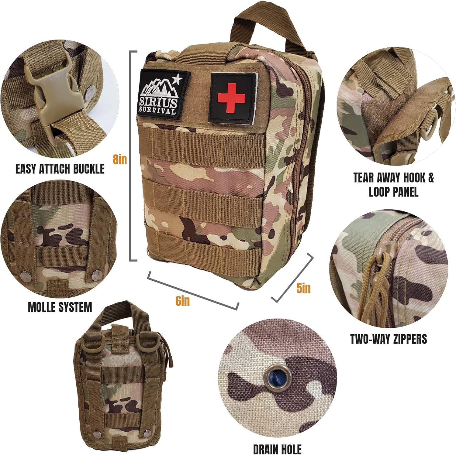 Kit de supervivencia y primeros auxilios Molle de 250 piezas, equipo de emergencia al aire libre y bolsa de trauma para camping, senderismo, caza,