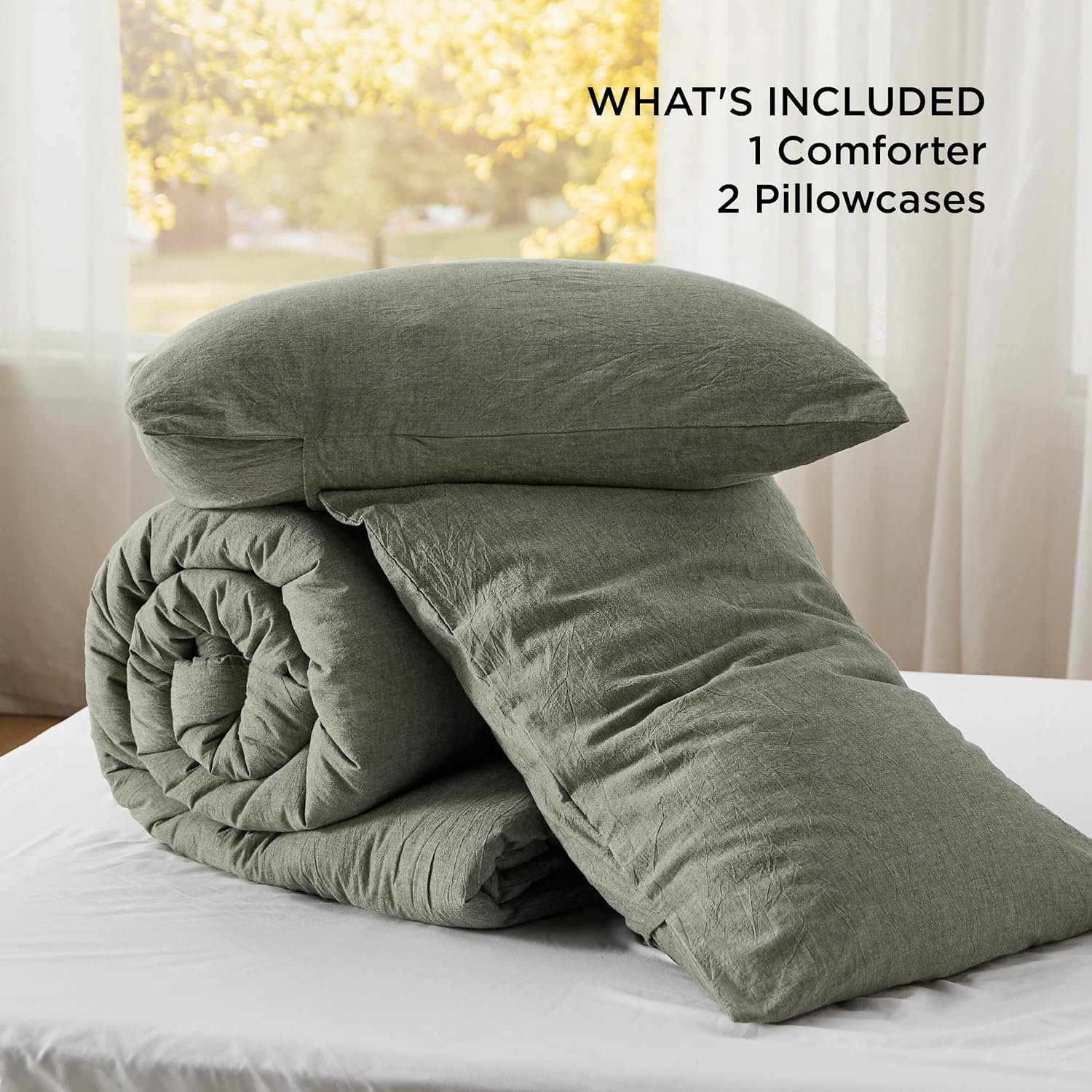 Bedsure Juego de edredón Queen  Tela de algodón con relleno interior de microfibra, edredón verde oliva grisáceo tamaño Queen para todas las