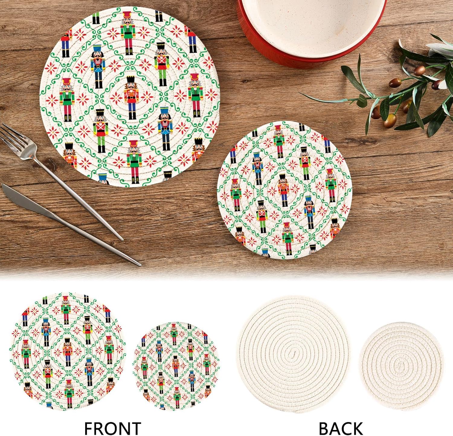 Juego de 2 soportes para ollas de cocina de soldado de Navidad, juego de salvamanteles de Navidad, 100% algodón, tejido de hilo redondo,