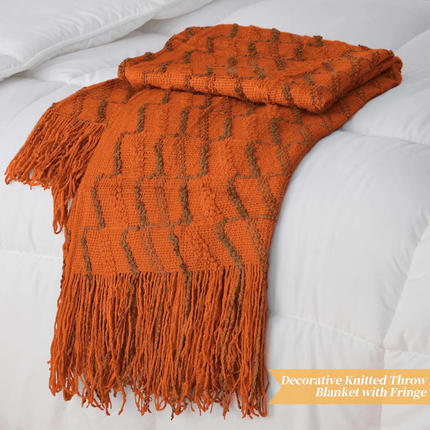 Homiest Manta decorativa de punto con flecos, manta ligera de punto acrílico, manta tejida con textura ondulada, manta suave y acogedora con borlas