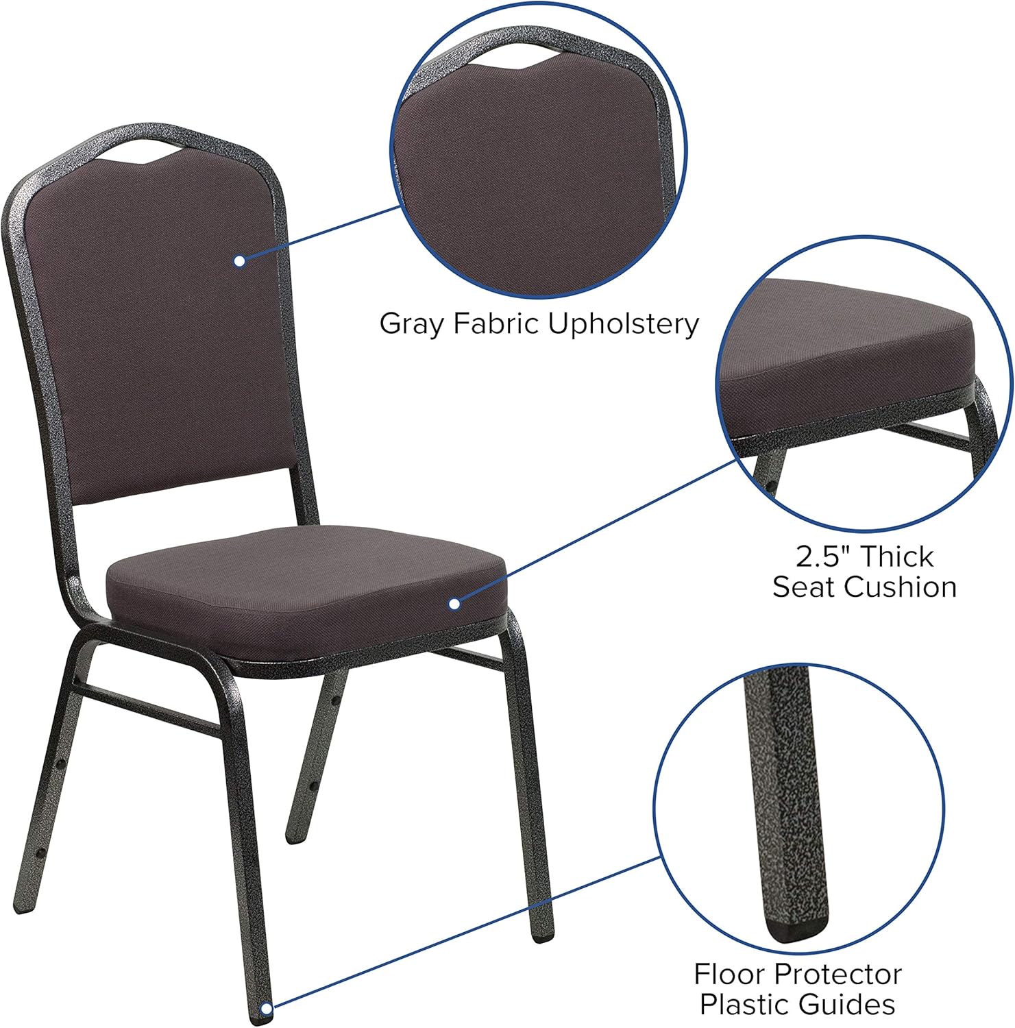 BizChair Silla apilable trasera del banquete de la corona, tela grismarco plateado de la vena