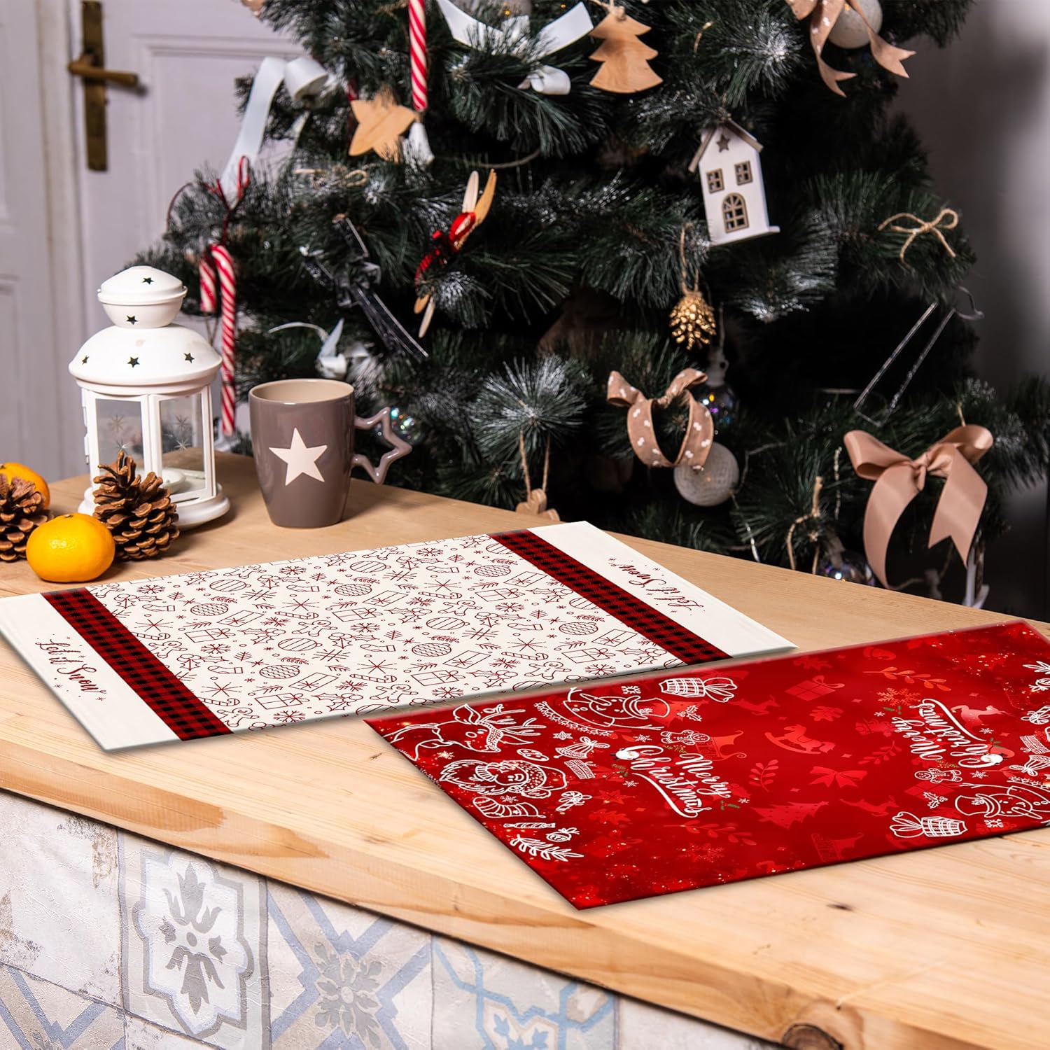 Juego de 2 toallas de cocina de Navidad, diseño de muñeco de nieve con texto en inglés Let it Snow a cuadros, juego de 2 paños para la inauguración