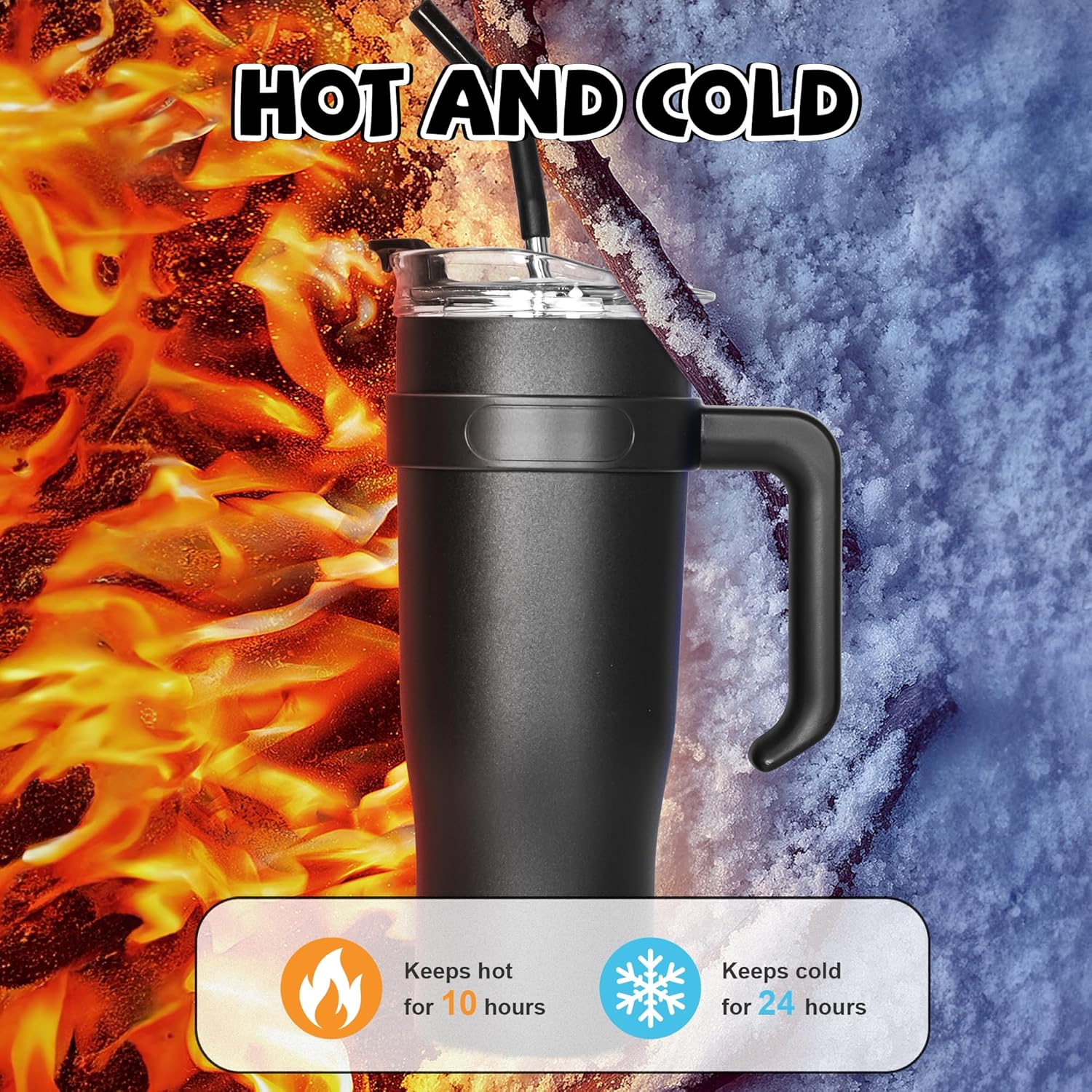 AGH Vaso de 40 onzas con asa y pajilla, doble pared aislada al vacío, botella de agua reutilizable de acero inoxidable, taza de viaje, taza de café