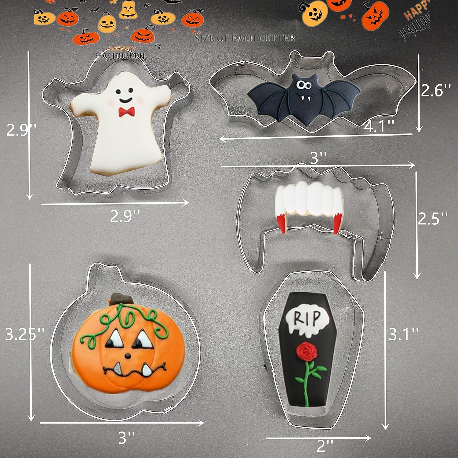 Cortadores de galletas de Halloween, 5 piezas de acero inoxidable para hornear, moldes de calabaza, fantasma, dientes de vampiro, murciélago, ataúd