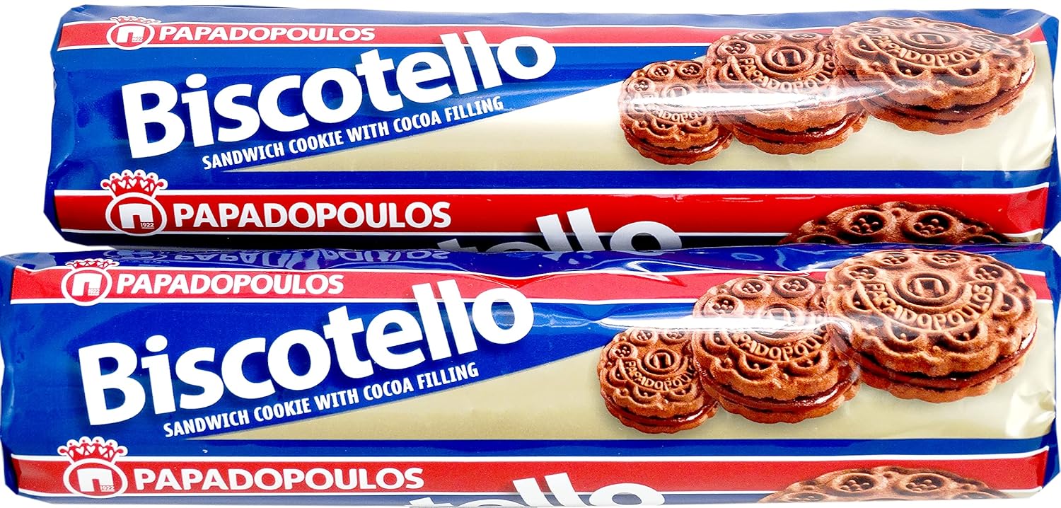 Papadopoulos Galletas griegas sándwich con relleno de cacao, paquete de 2. Galletas europeas auténticas. Inspeccionadas y empaquetadas por Cape Moda
