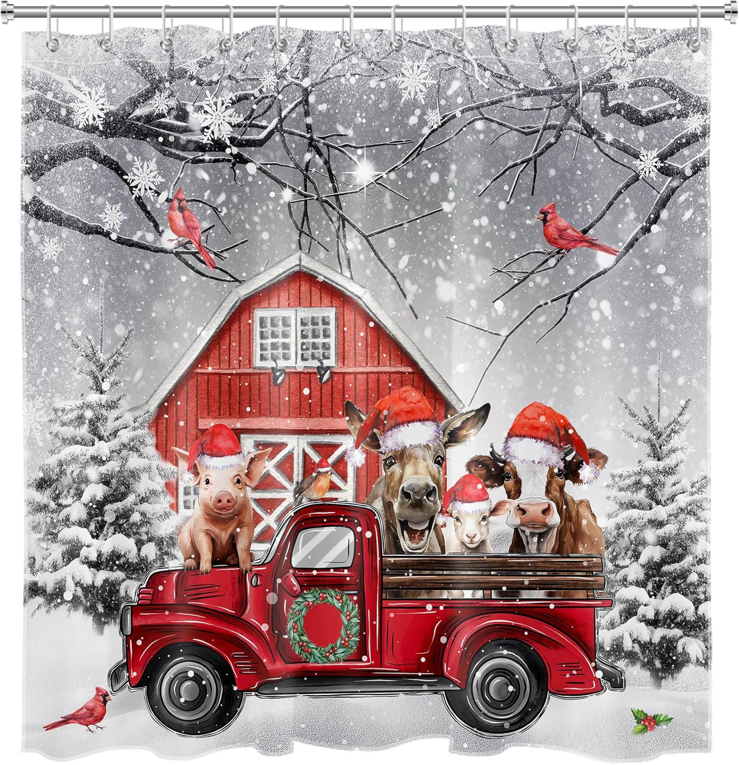 HVEST Cortina de ducha de Navidad para baño, divertida cortina de ducha con ganchos, juego de cortina de ducha de invierno con bosque nevado gris,