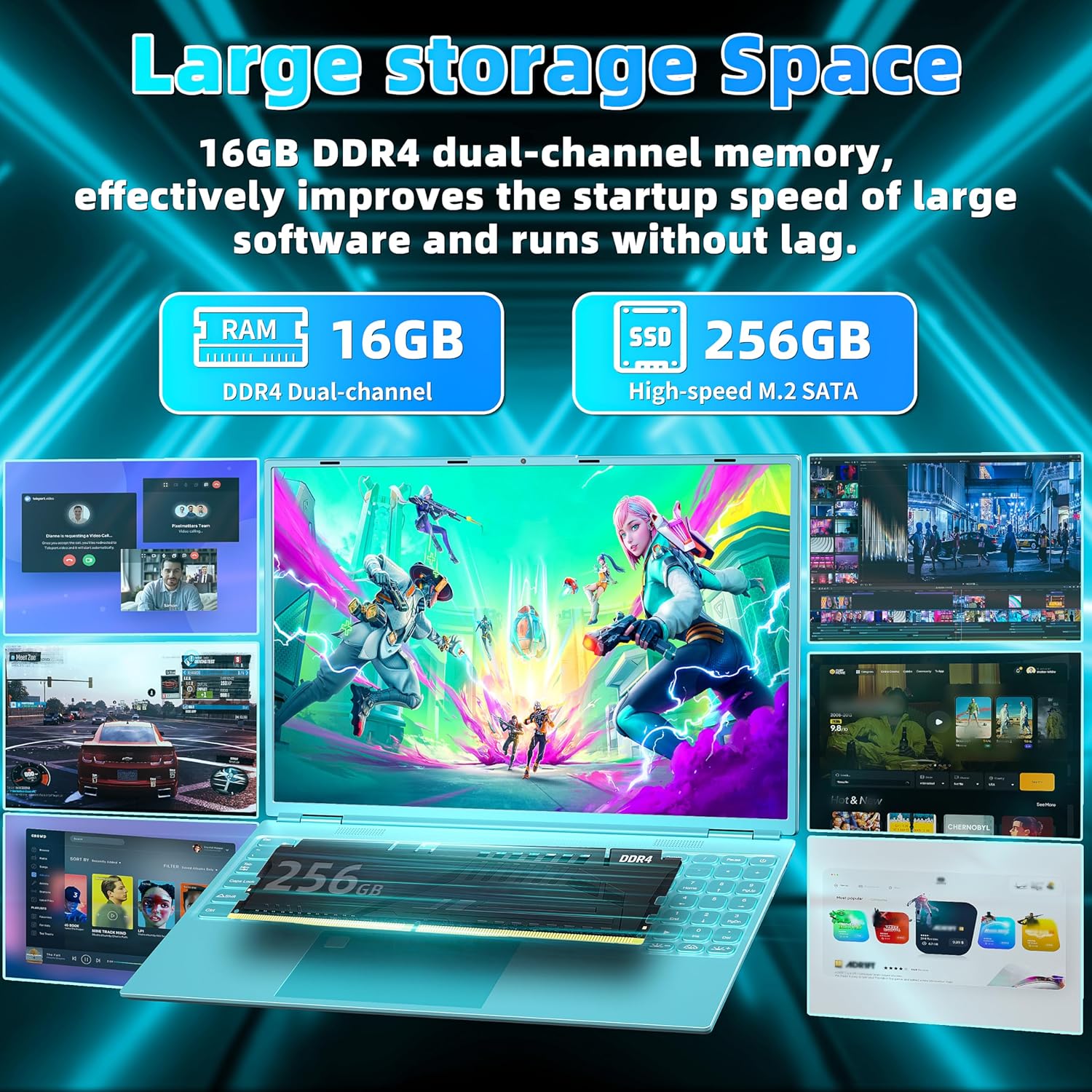Win 11 ProOffice 2019 16″ Laptop Ultra-Narrow bezels 2.5K FHD(2560×1600) IPS Screen, Celeron N5095,16G RAM, 256GB SSD, Color Backlit KB, Fingerprint