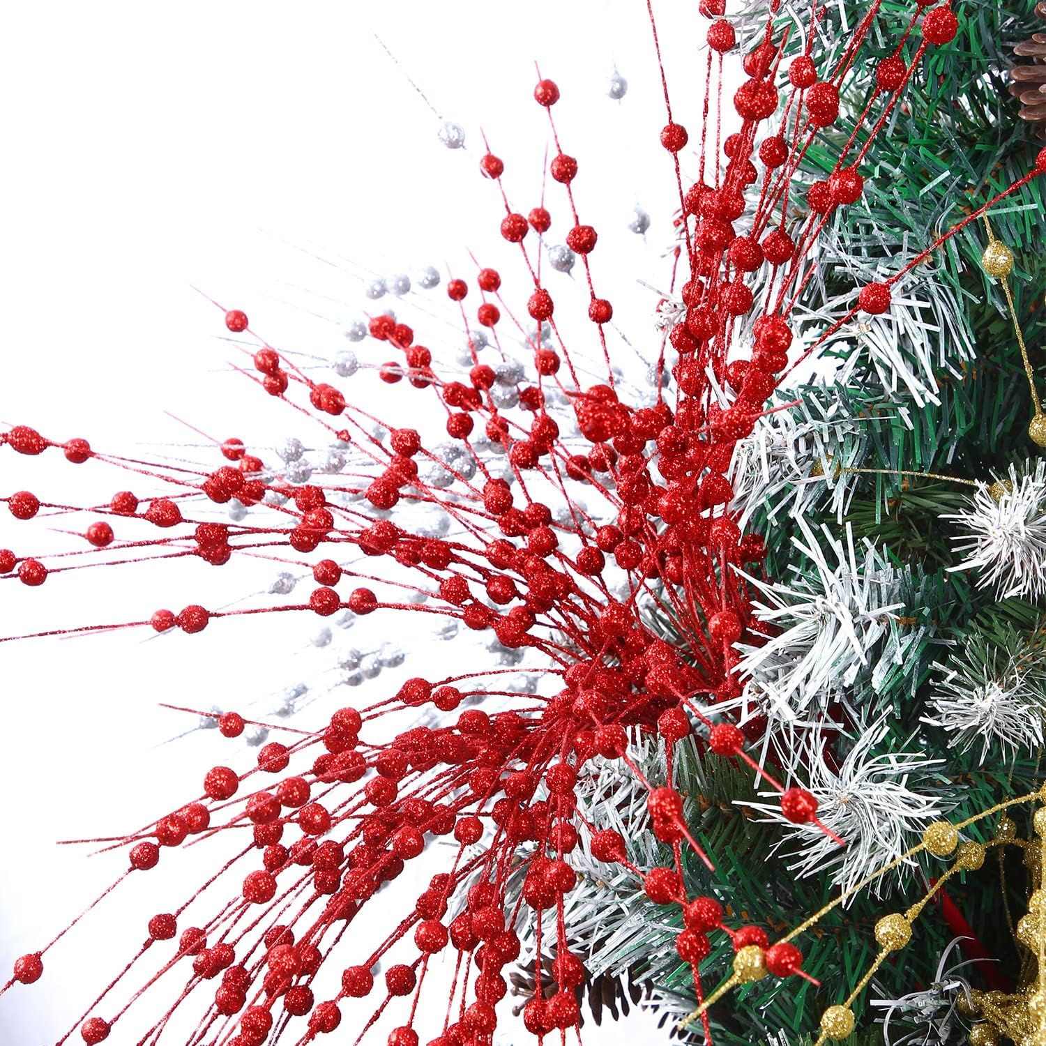CCINEE Adornos de tallo de bayas artificiales rojas con purpurina, paquete de 10 púas de Navidad falsas de 19.7 pulgadas, palitos de cuentas