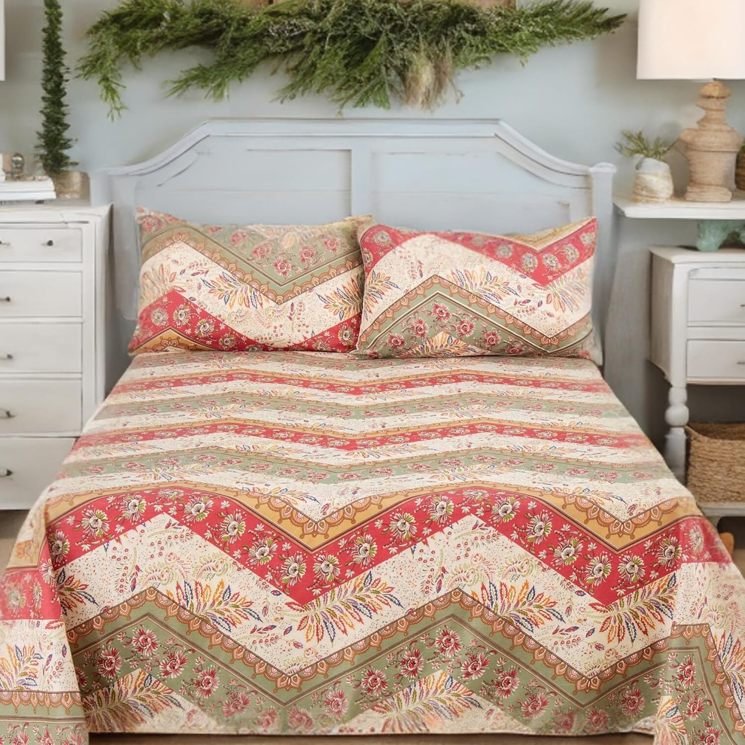 DaDalogy Bedding – Sábana encimera botánica floral solo con 2 fundas de almohada, patrón de filigrana de cachemira cheurón bohemio, colorido,