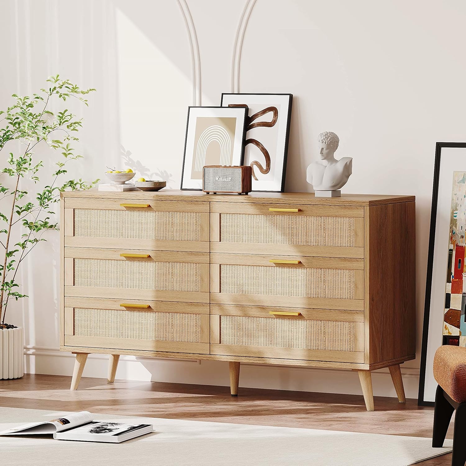 Rovaurx Cómoda doble de 6 cajones para dormitorio, cómoda de ratán, cómoda de madera moderna con asas doradas, mesa auxiliar para armario, sala de
