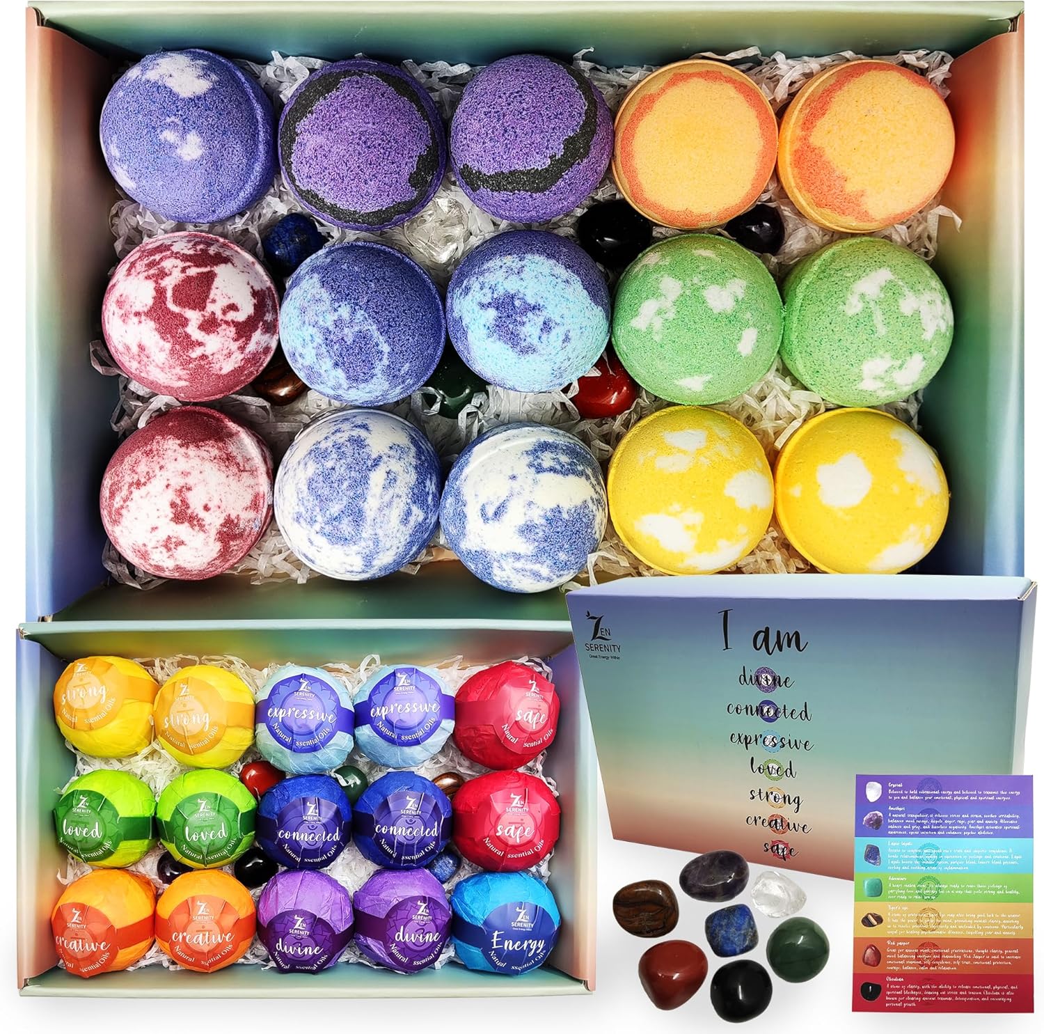 Bombas de baño con piedras preciosas curativas de chakras. 15 bombas de baño de aceites esenciales. Bombas de baño con piedras de chakra reales para