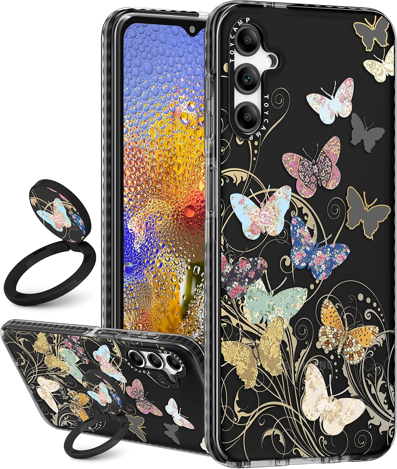 Toycamp Funda para Samsung Galaxy A14 5G con soporte de anillo, bonito y divertido diseño de mariposas Coloful para mujeres, niñas, niños y
