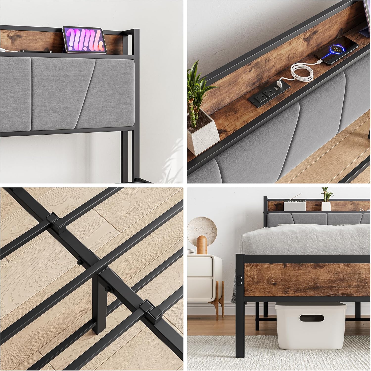 Base de cama Queen con cabecera de almacenamientoestación de carga, base de cama tapizada de metal resistente, marco de cama tamaño Queen con