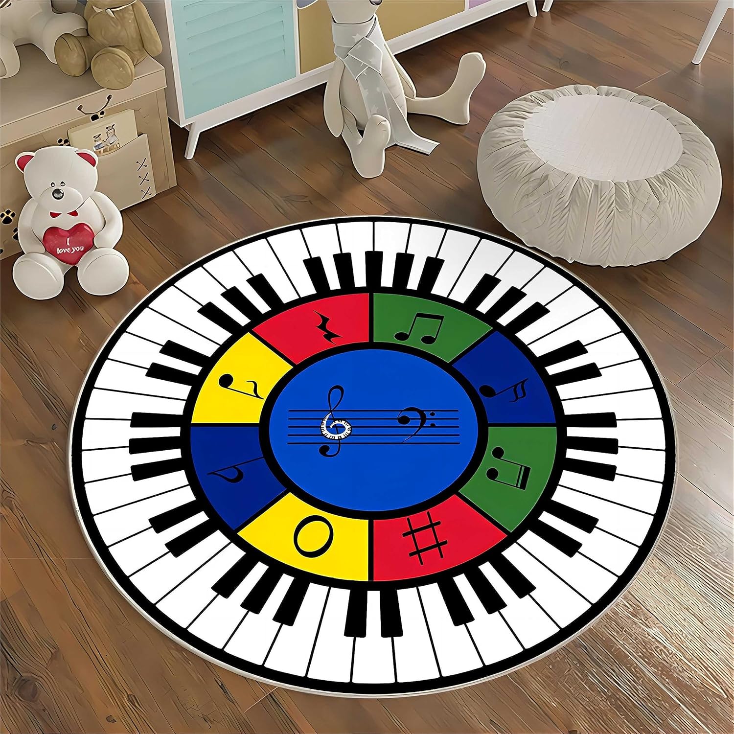 EXINBU Alfombra redonda de juego para niños, 3.3 pies, piano arcoíris, notas musicales, alfombra de área de guardería, alfombra de juego grande y