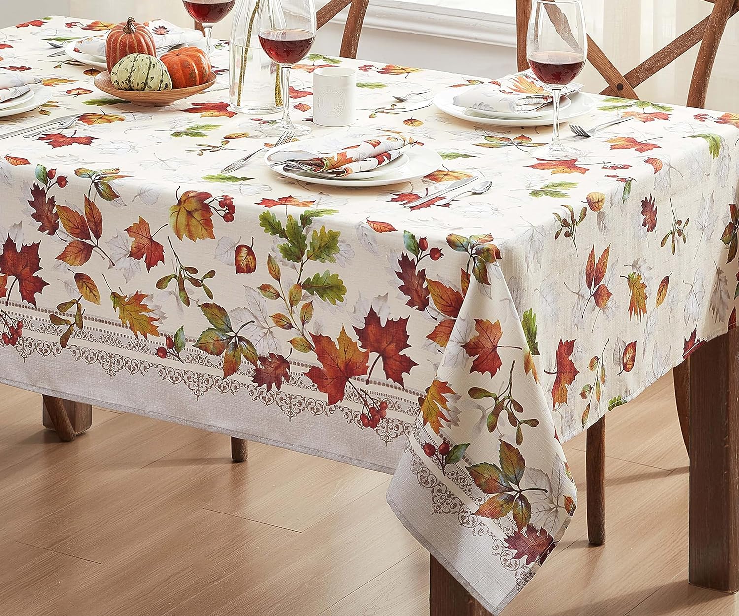 Newbridge Autumn Essentials – Mantel de tela con borde de follaje de otoño, hojas cambiantes, de fácil cuidado, a prueba de manchas, resistente a