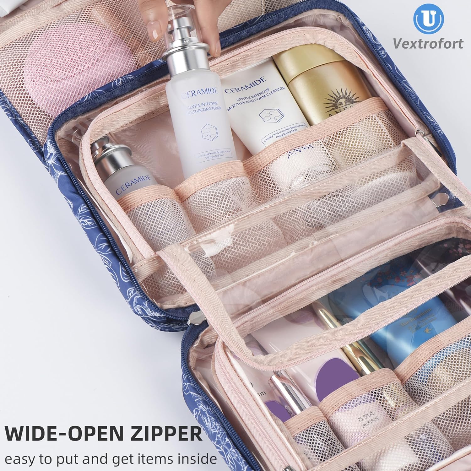 VEXTROFORT Neceser para mujer, bolsa de maquillaje de viaje colgante grande, resistente al agua para artículos de tocador, cosméticos, cepillos,