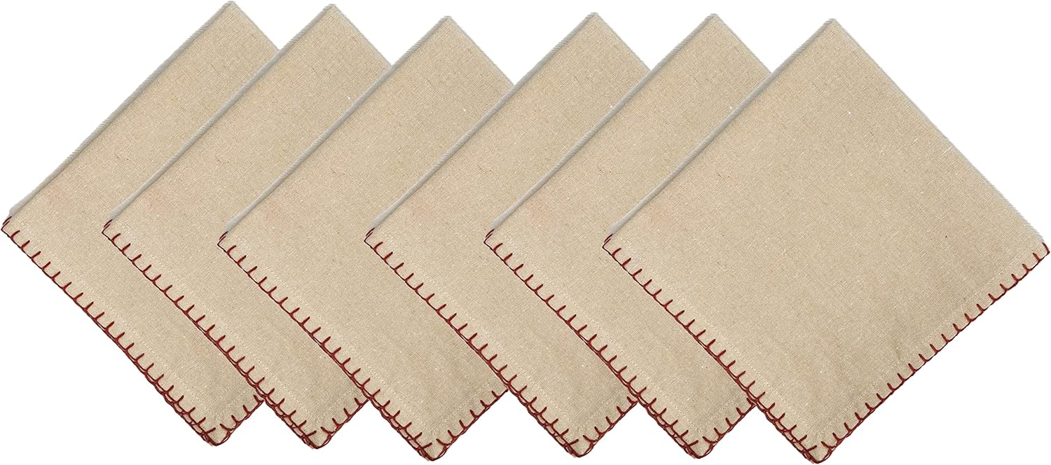 CHARDIN HOME Servilleta de cambray beige con borde de punto de látigo óxido, 18 x 18 pulgadas, juego de 6 servilletas de tela de uso diario, algodón