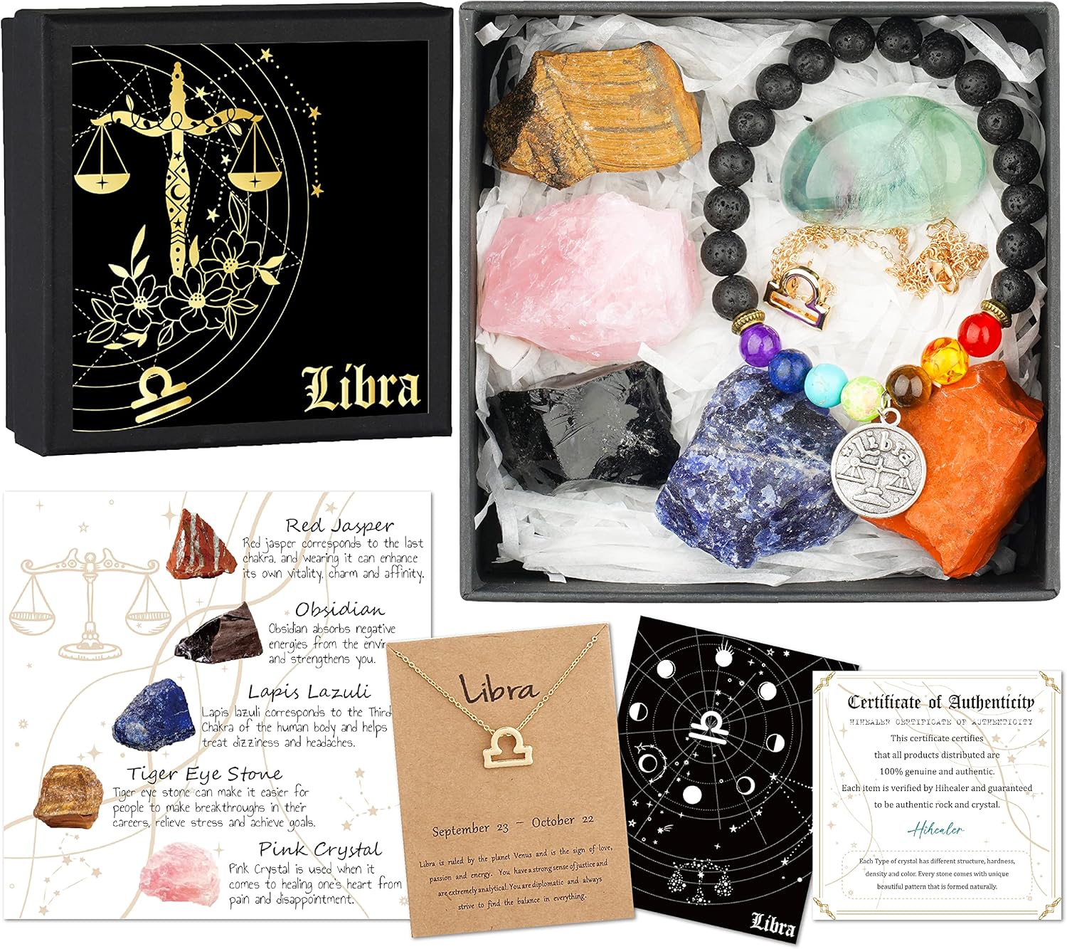 Libra – Regalos del zodiaco para mujeres, regalos espirituales, regalos de horóscopo con piedra natal, collar del zodiaco y pulsera de chakras,