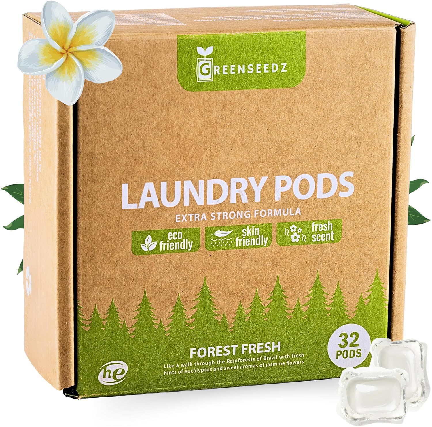 Greenseedz Cápsulas de detergente ecológico 5 en 1  Limpieza ultra fuerte  Aroma de bosque fresco  32 cápsulas  Para todas las máquinas (HE)
