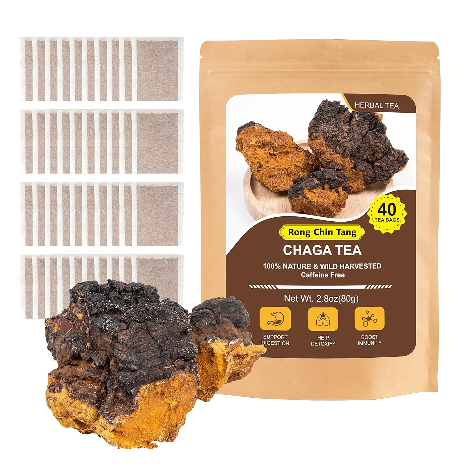RongChinTang – Té orgánico de hongos Chaga 0.07 oz X 40 bolsitas de té (2.8 oz) Té de hongos Chaga premium – Antioxidante sin cafeína 100% natural