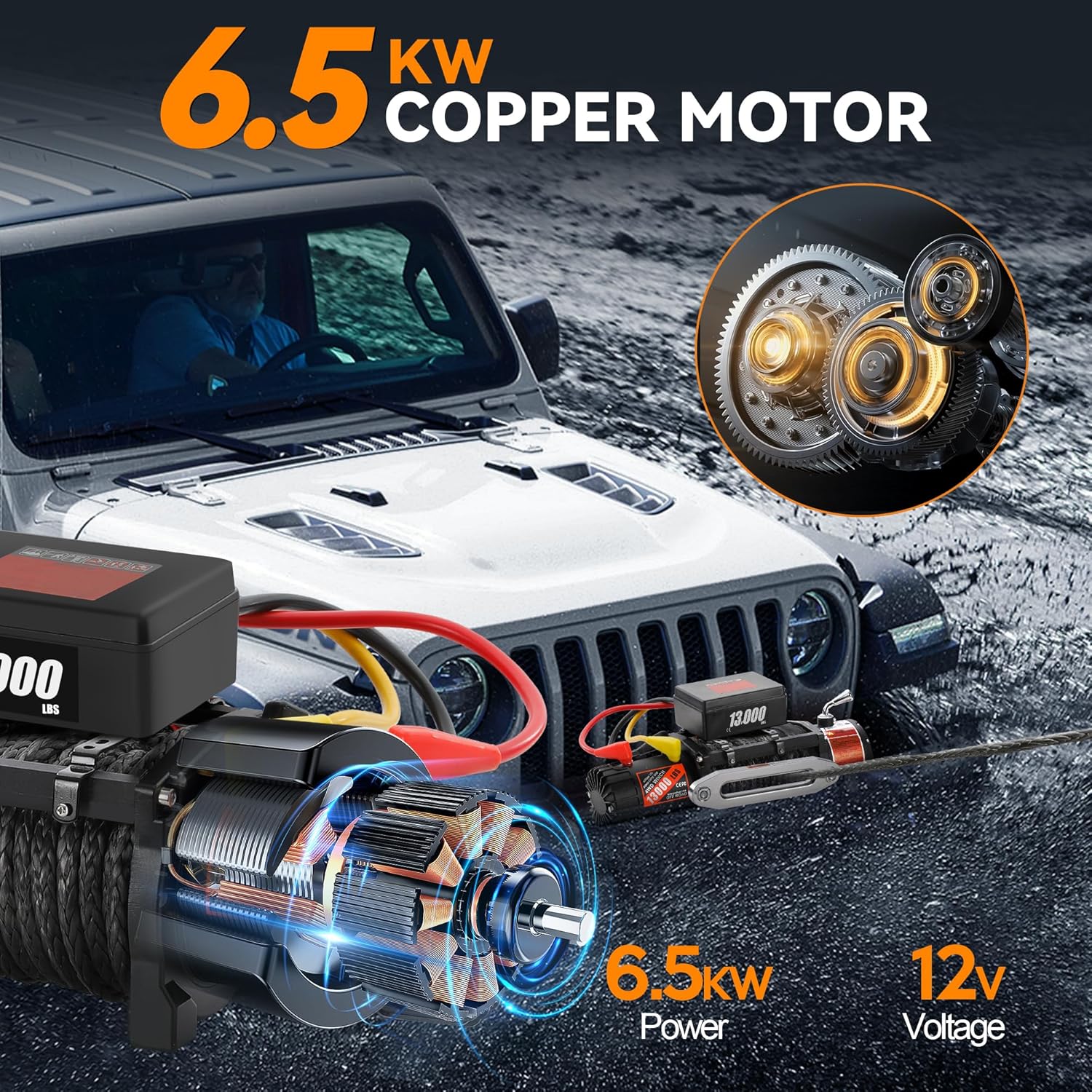 Rengue Cabrestante eléctrico, 13000 libras con cuerda sintética de 65 pies, cabrestante de potencia de 12 V con control remoto inalámbrico IP67 ATV