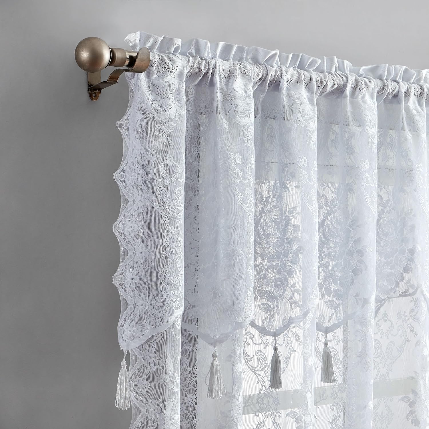 LINENZONE Par de 2 paneles de cortina de encaje con cenefa adjunta y 6 borlas. Cortinas de encaje transparente para sala de estar, comedor,