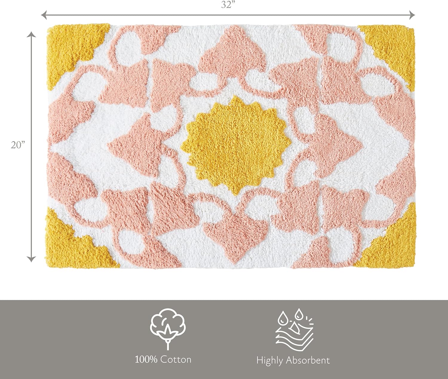 Jessica Simpson Alfombra de baño de algodón, alfombra de baño de alta calidad, lavable a máquina, 20 x 32 pulgadas, Lorena – rosaamarillo