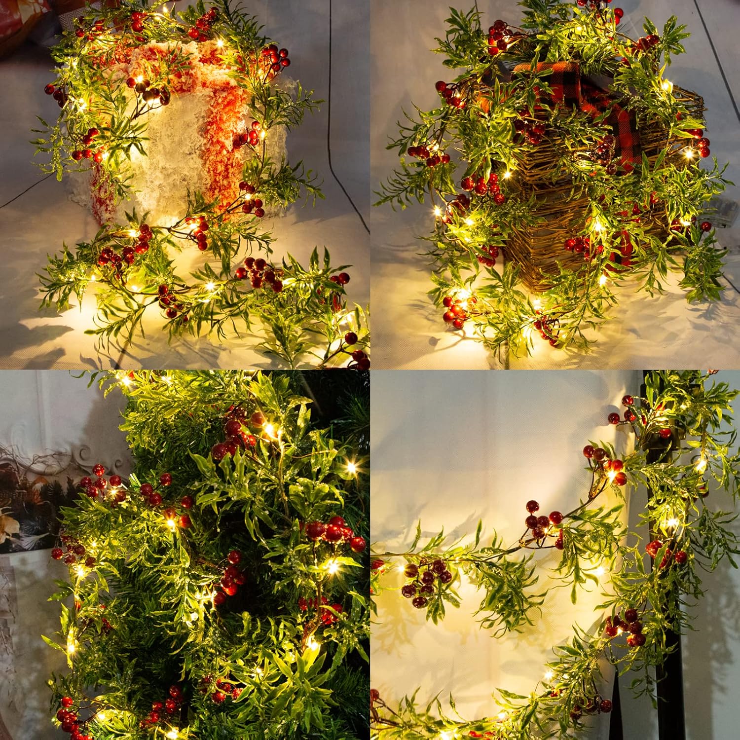 Guirnalda de luces artificiales de Navidad de 5.9 pies con 162 bayas rojas nevadas, 55 hojas verdes, 20 luces LED, funciona con pilas para