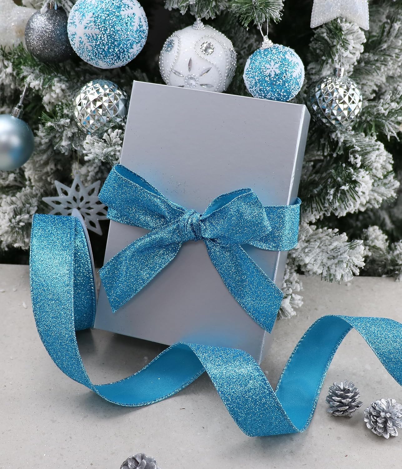 Cinta azul con alambre de 1.5 pulgadas con purpurina turquesa con alambre para decoración de Navidad, cinta azul con alambre para envolver regalos,