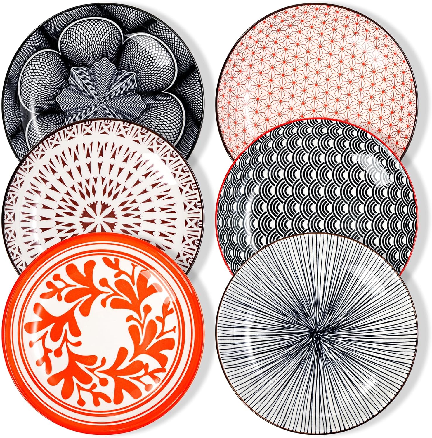 ZOOFOX Juego de 6 platos llanos de cerámica, platos redondos de cerámica de 7 pulgadas, diseño de artes abstractas, platos de postre para