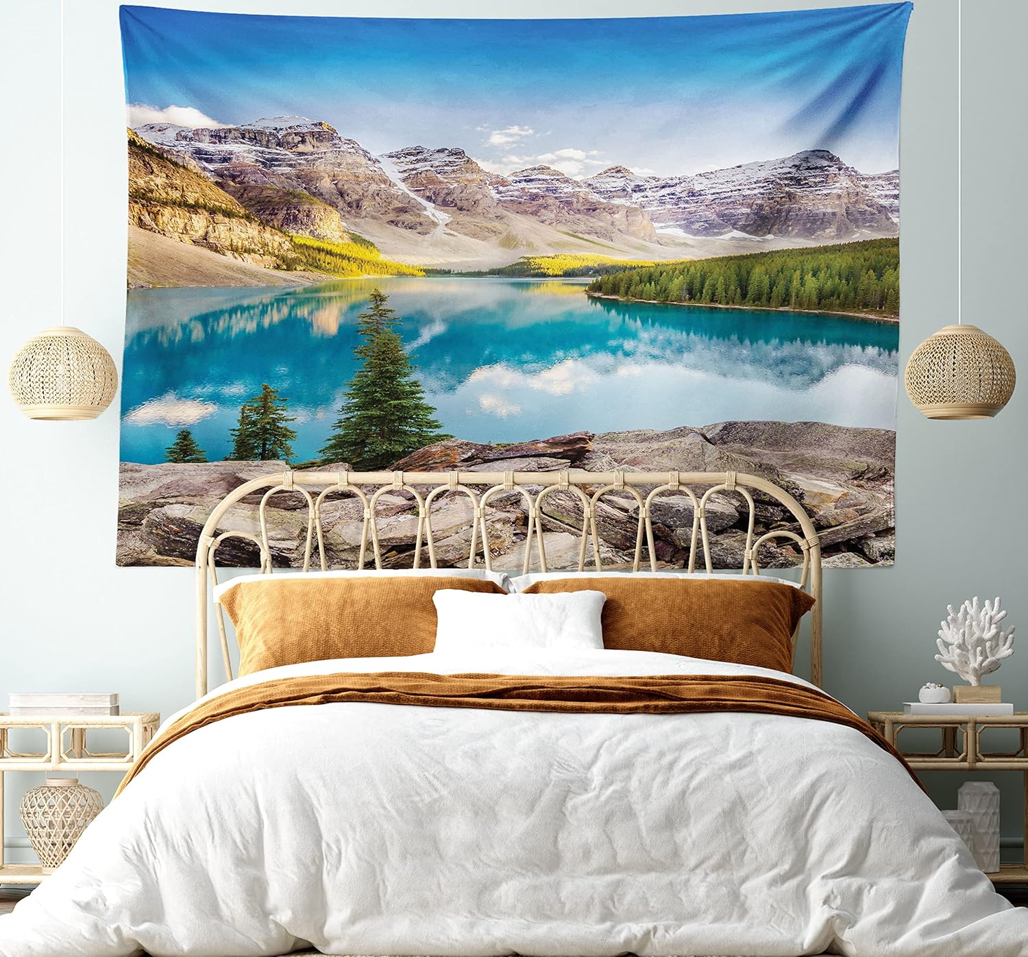 Ambesonne Tapiz de paisaje tamaño King, paisaje de lago y montaña con impresión de roca y cielo de la vida de ensueño, colcha colgante de pared,
